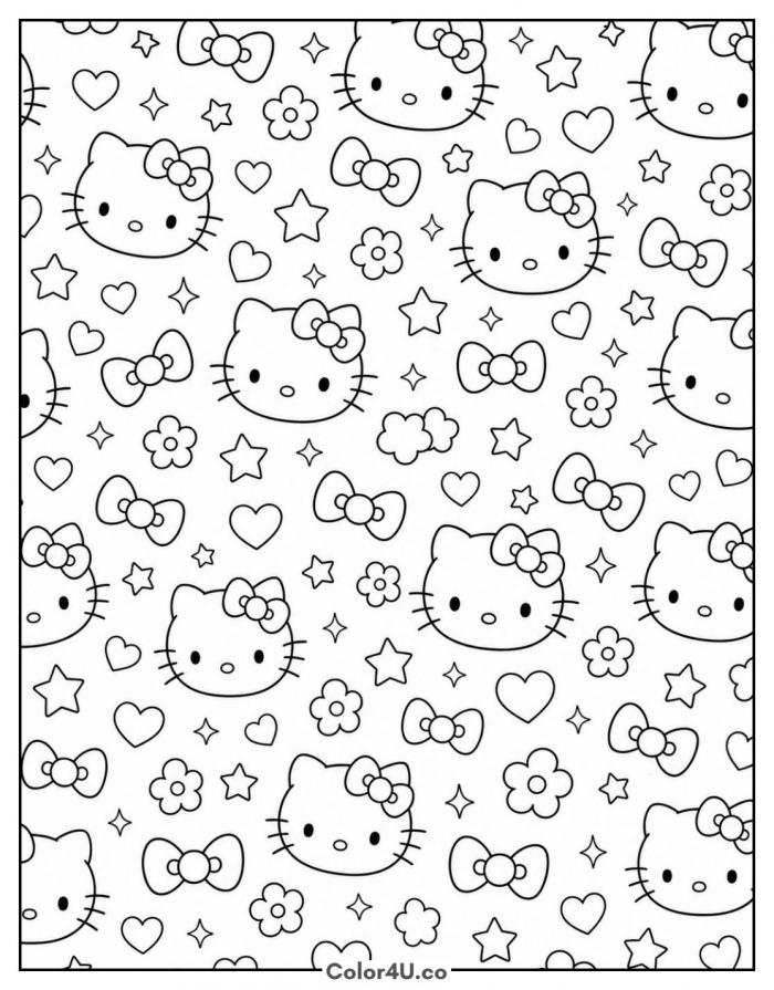 Hello Kitty faces and bows repeating pattern, detailed Hello Kitty coloring page, free printable