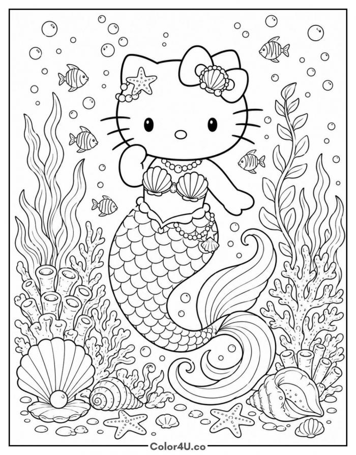 Hello Kitty as a mermaid underwater, detailed Hello Kitty coloring page, free printable