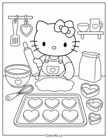 Hello Kitty Bakes Heart Cookies coloring page