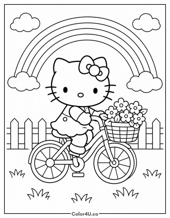 Hello Kitty riding a bicycle with flowers, medium Hello Kitty coloring page, free printable