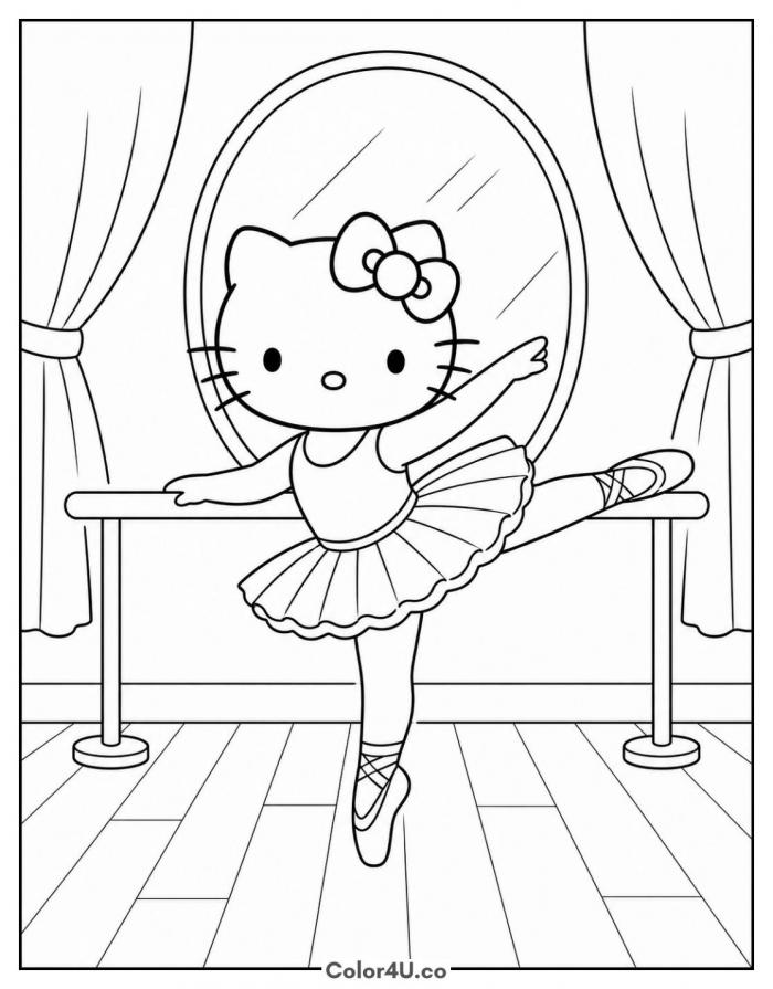 Hello Kitty as a ballerina at the barre, medium Hello Kitty coloring page, free printable