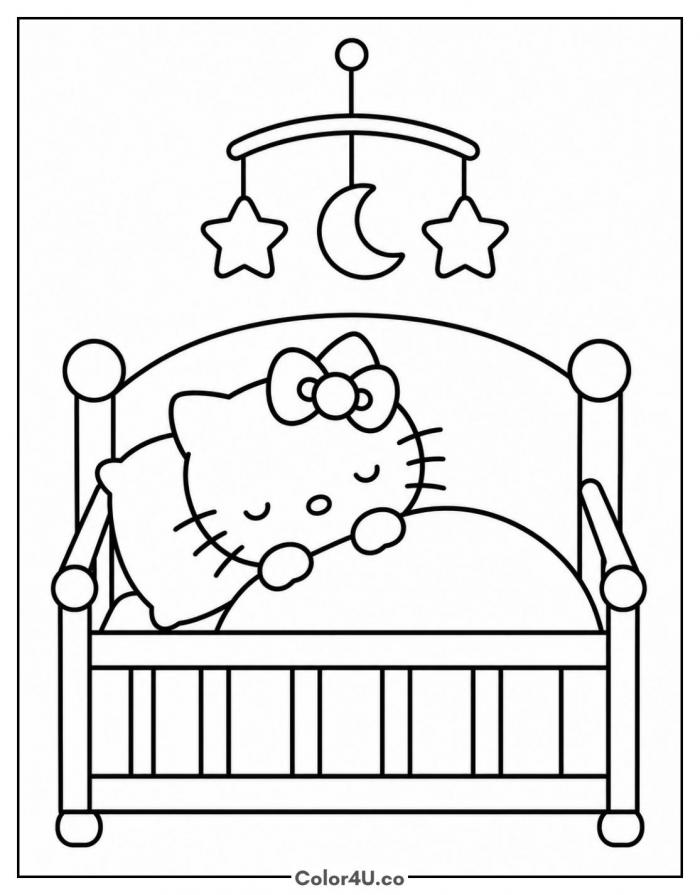 Baby Hello Kitty sleeping in a crib, easy Hello Kitty coloring page, free printable