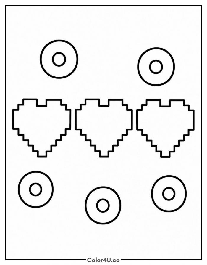 Pixel hearts and XP orbs, easy Minecraft coloring page, free printable