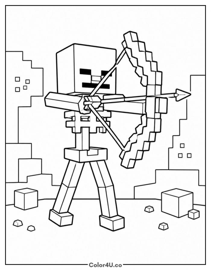 Blocky skeleton drawing a bow, medium Minecraft coloring page, free printable