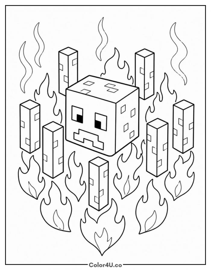 Blaze mob with floating rods and flames, medium Minecraft coloring page, free printable