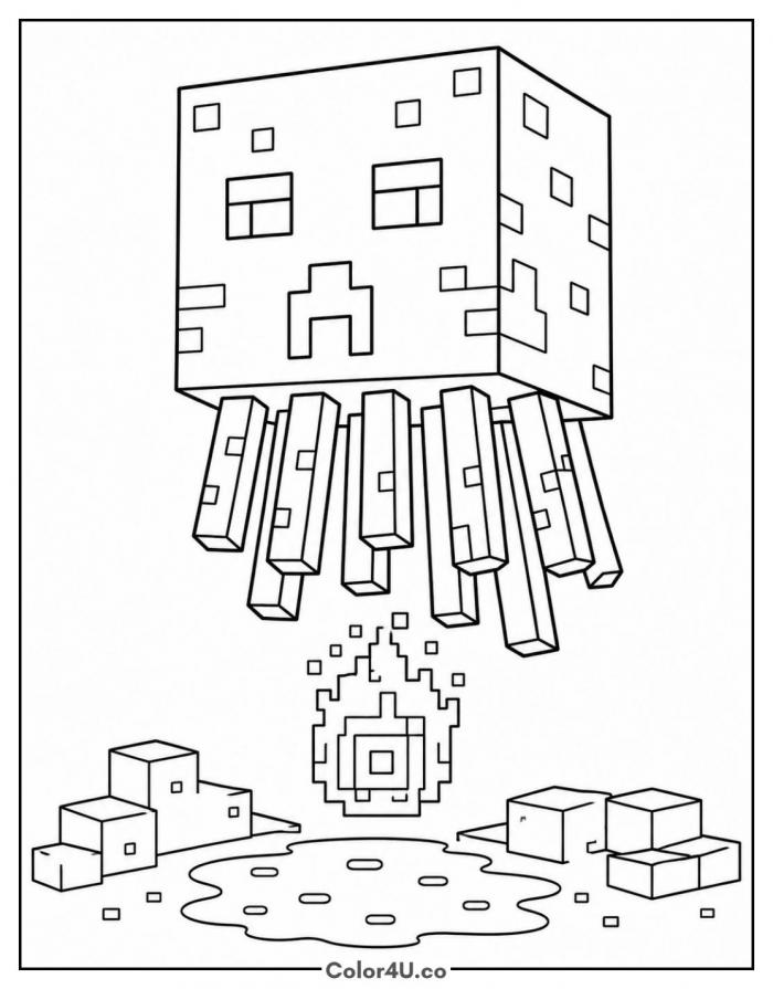 Ghast dropping a fireball, medium Minecraft coloring page, free printable