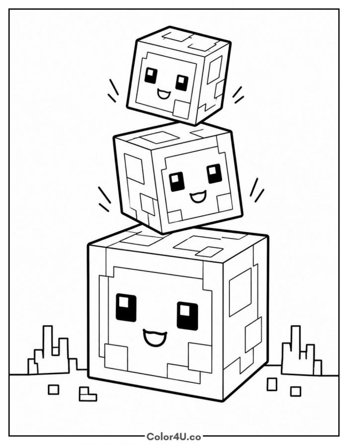 Three stacked smiling slime cubes, easy Minecraft coloring page, free printable
