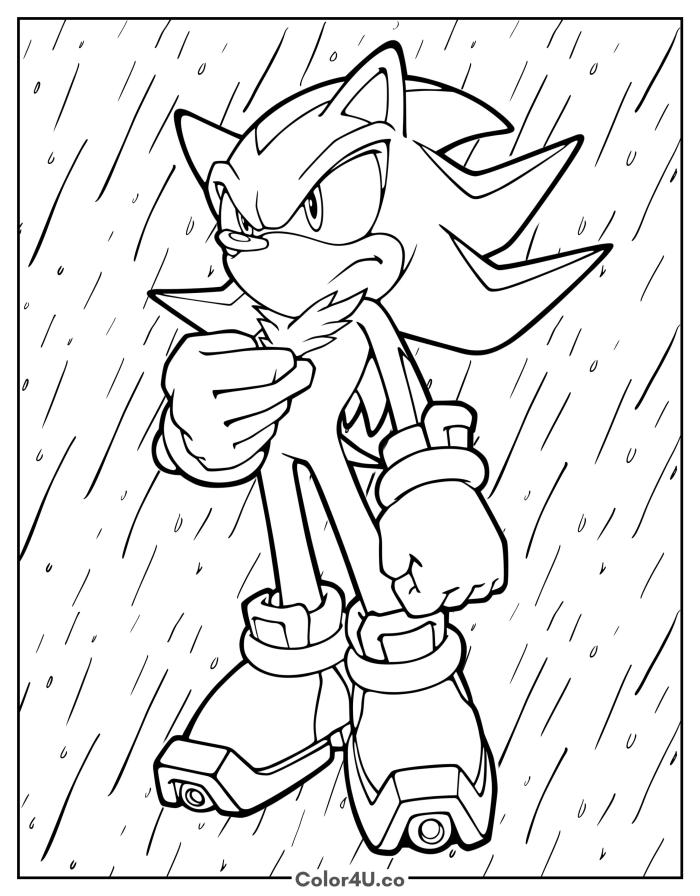 Shadow the Hedgehog standing in heavy rain, medium Sonic the Hedgehog coloring page, free printable