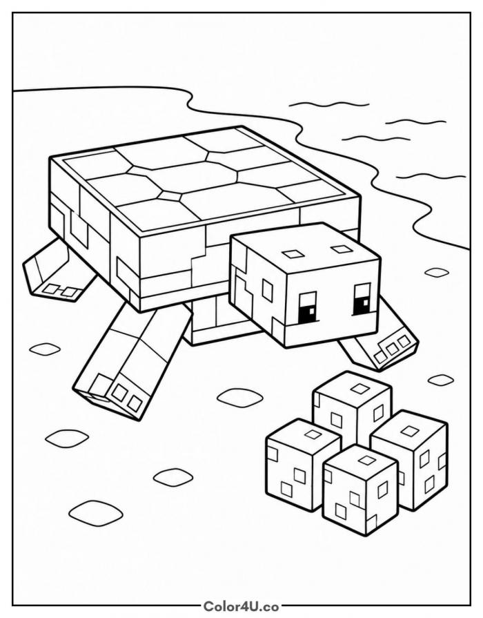 Sea turtle with eggs on the beach, medium Minecraft coloring page, free printable