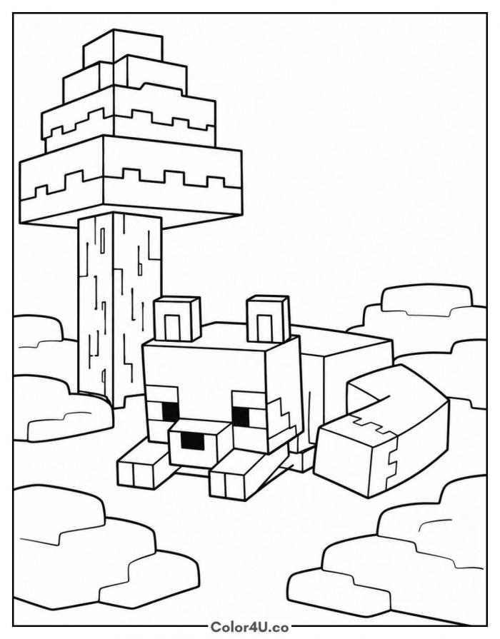 White fox in the snow by a spruce tree, medium Minecraft coloring page, free printable