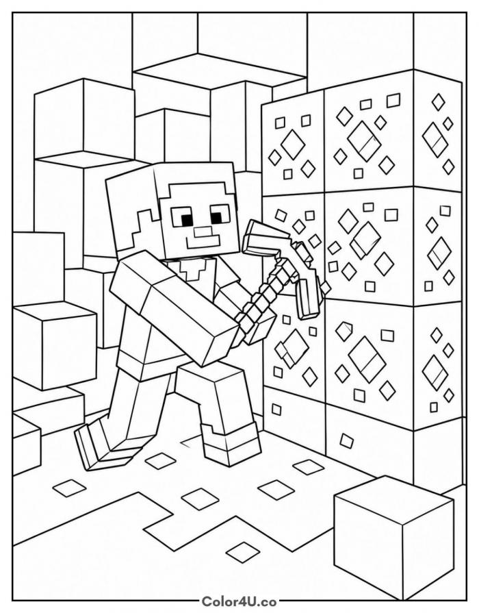 Steve mining diamond ore with a pickaxe, detailed Minecraft coloring page, free printable