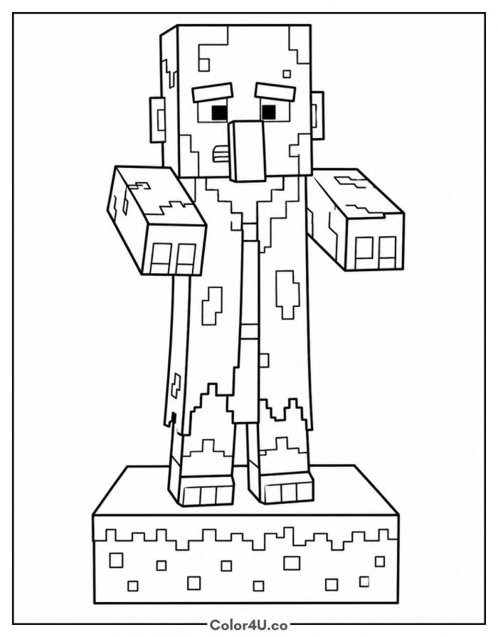 Zombie villager on a grass block, medium Minecraft coloring page, free printable