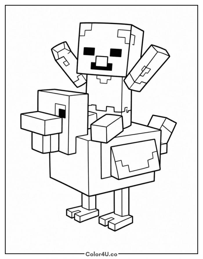 Baby zombie riding a chicken, medium Minecraft coloring page, free printable
