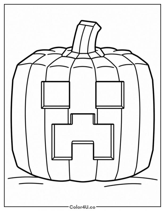 Pumpkin carved with a creeper face, easy Minecraft coloring page, free printable
