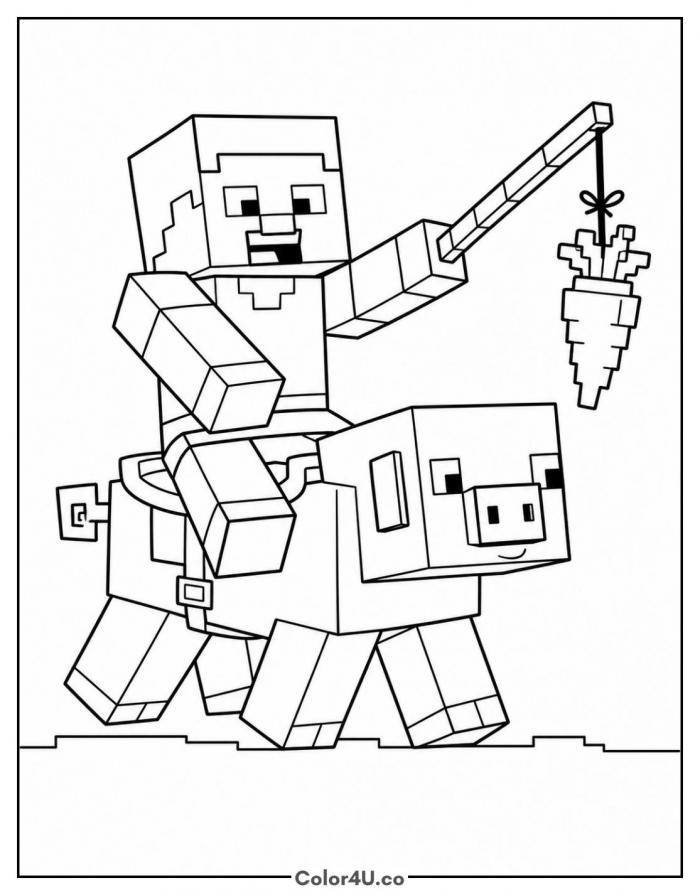 Steve riding a saddled pig, medium Minecraft coloring page, free printable