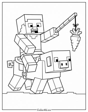 Steve Riding a Pig coloring page
