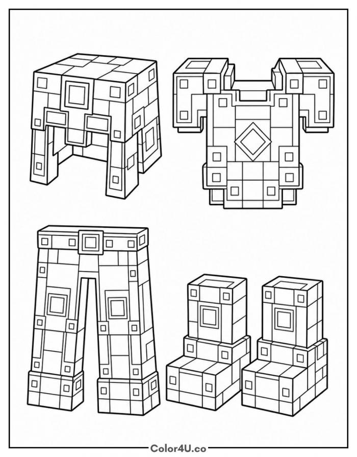 Diamond armor helmet, chestplate, leggings and boots, medium Minecraft coloring page, free printable