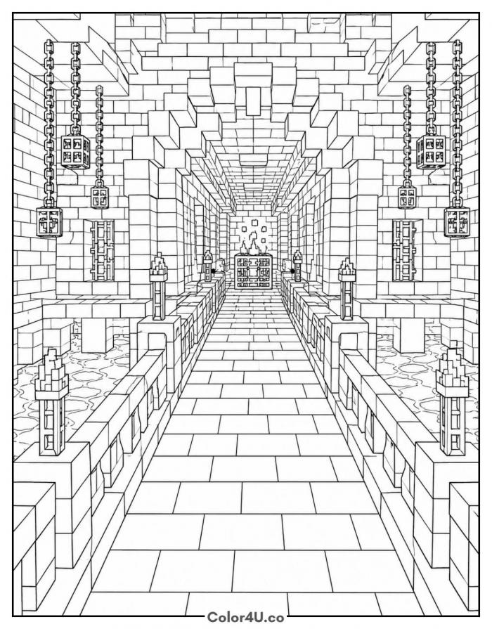 Nether fortress corridor with lanterns, detailed Minecraft coloring page, free printable