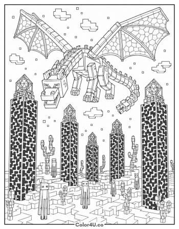 The End: Ender Dragon over the Obsidian Pillars coloring page