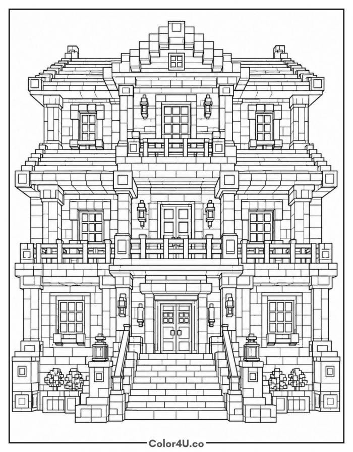 Large blocky mansion with balconies, detailed Minecraft coloring page, free printable