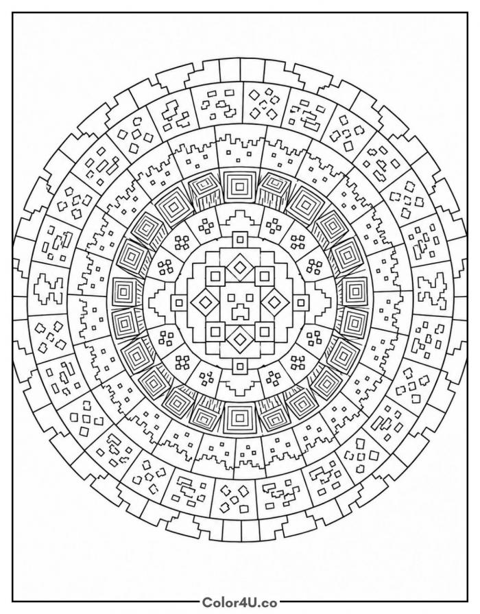 Pixel block mandala circle, detailed Minecraft coloring page, free printable