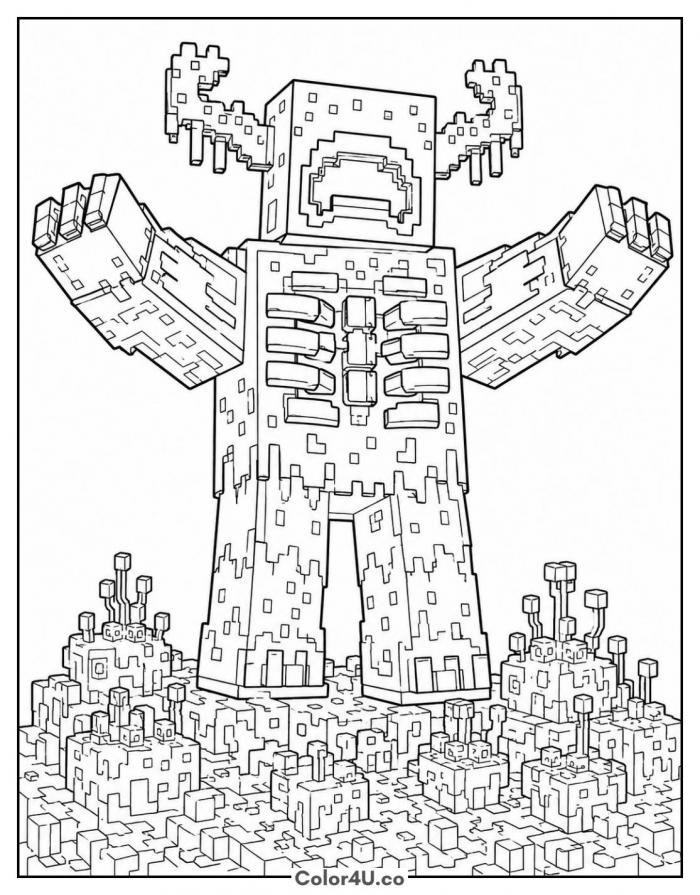 The warden standing in the deep dark, detailed Minecraft coloring page, free printable