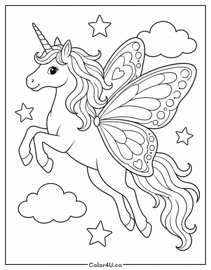 Unicorn with butterfly wings flying, medium coloring page, free printable