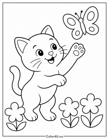 Butterfly and Kitten coloring page