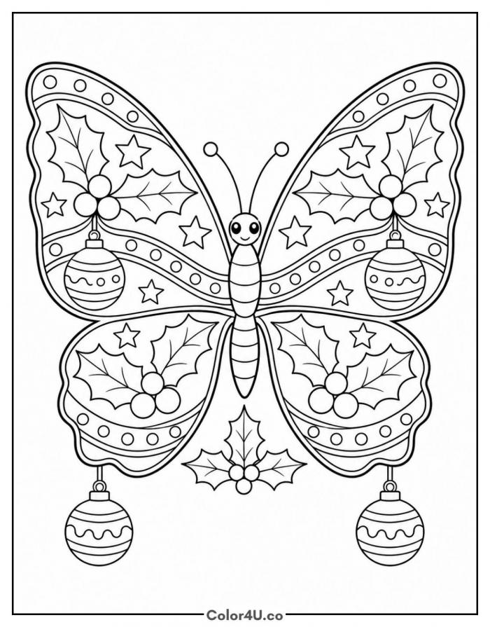 Christmas butterfly with holly and baubles, detailed coloring page, free printable