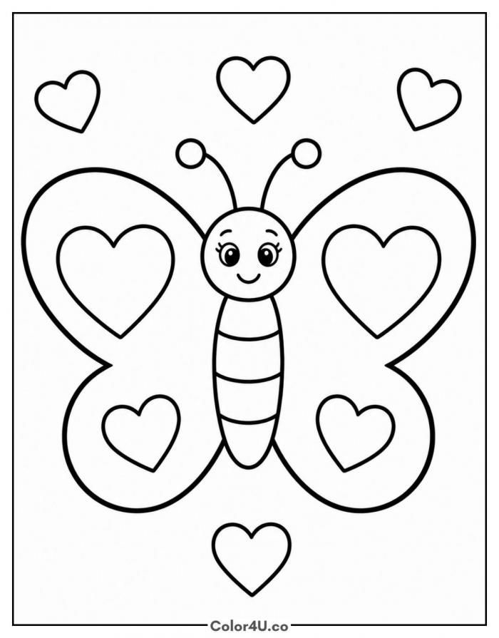 Valentine butterfly with heart markings, easy coloring page, free printable
