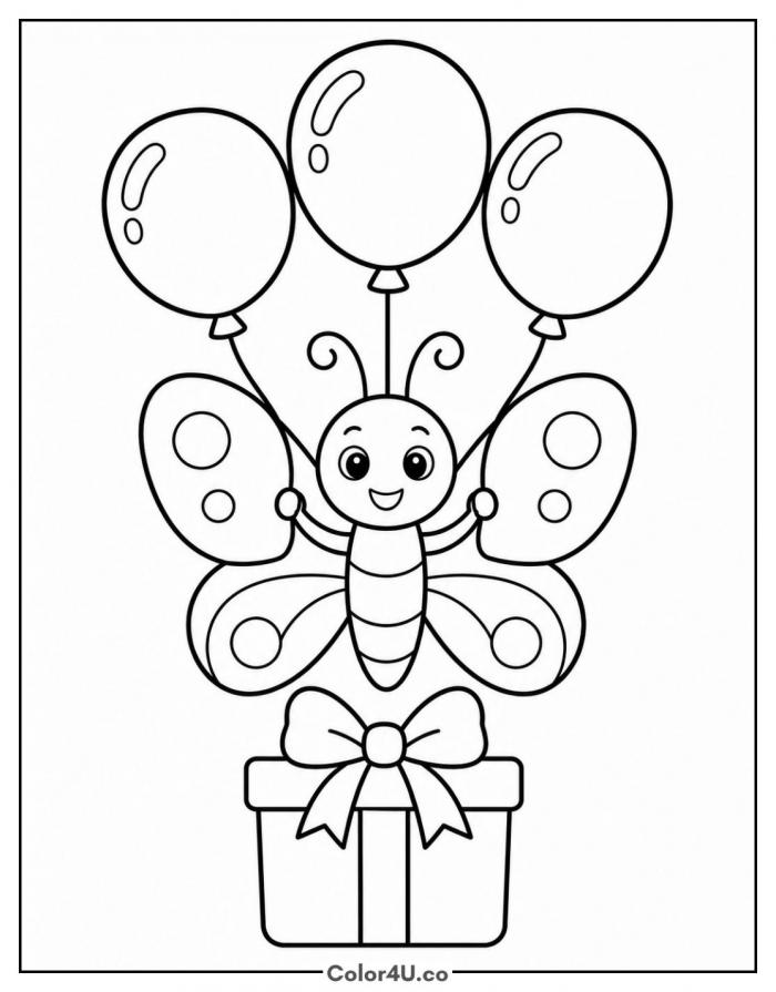 Birthday butterfly with balloons and gift box, medium coloring page, free printable