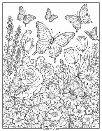Butterfly Garden Scene coloring page