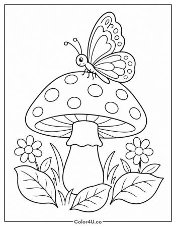 Butterfly on a Mushroom coloring page