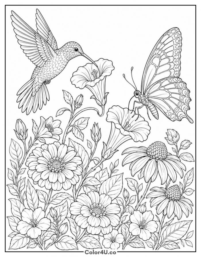 Hummingbird and butterfly over flowers, detailed coloring page, free printable