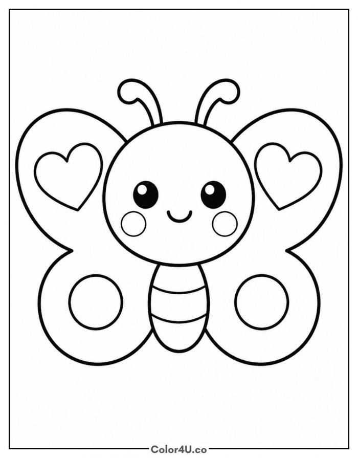 Kawaii butterfly with big eyes and heart wings, easy coloring page, free printable
