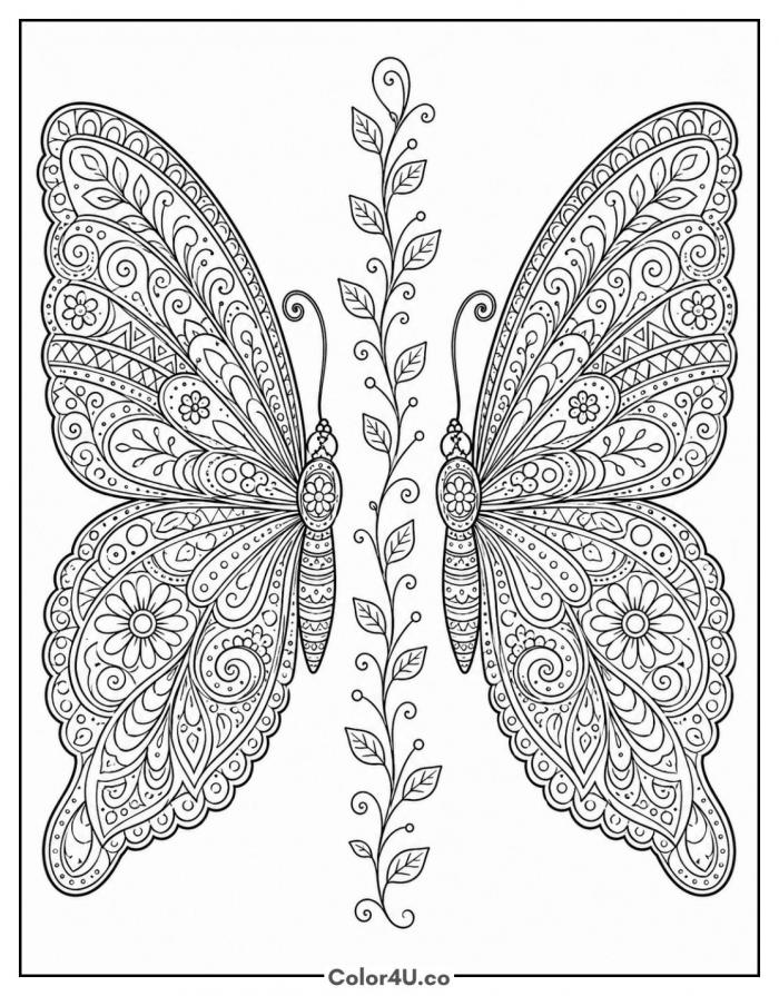 Two patterned butterflies facing a vine, detailed coloring page, free printable