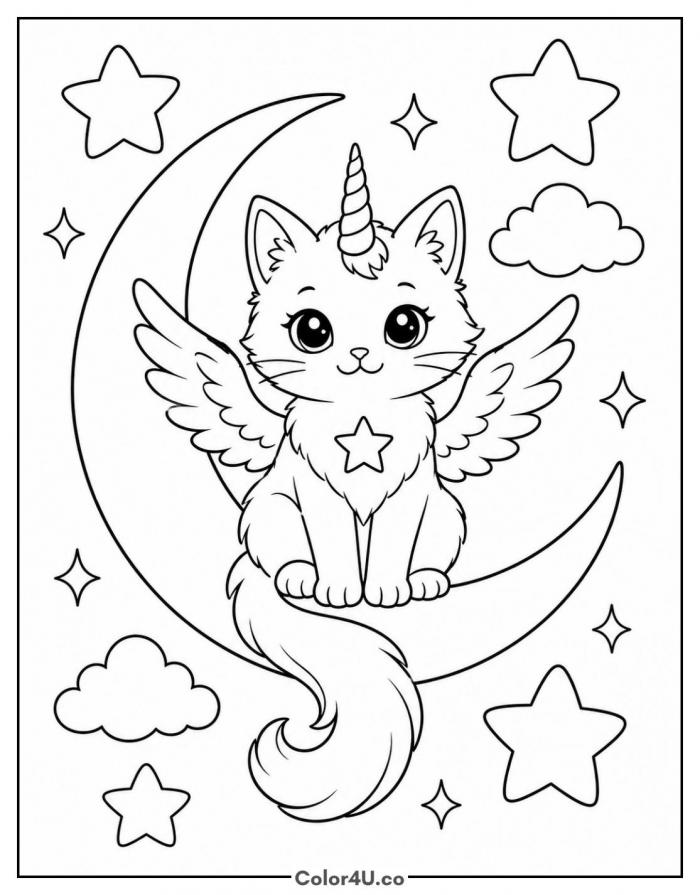 Caticorn with unicorn horn and wings sitting on a moon, medium cat coloring page, free printable