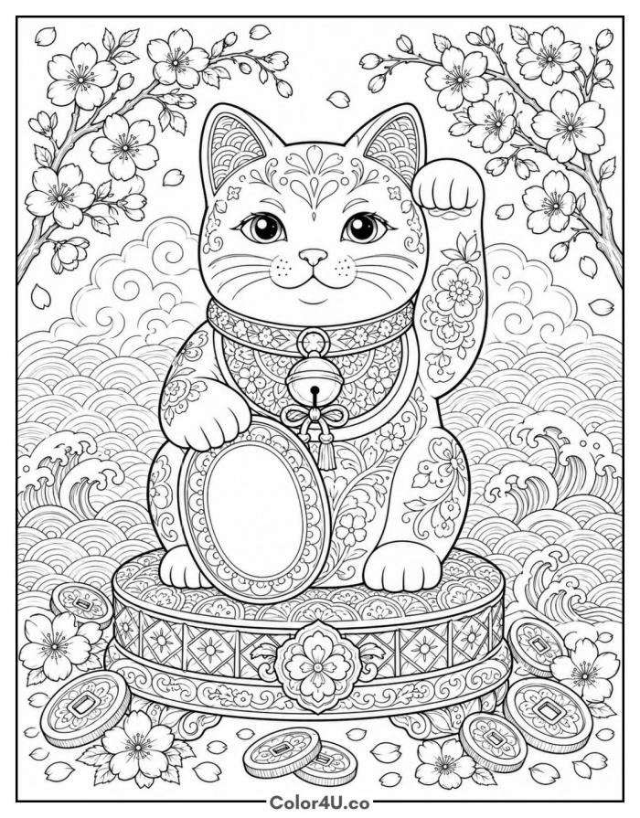 Maneki Neko lucky cat with raised paw and cherry blossoms, detailed cat coloring page, free printable