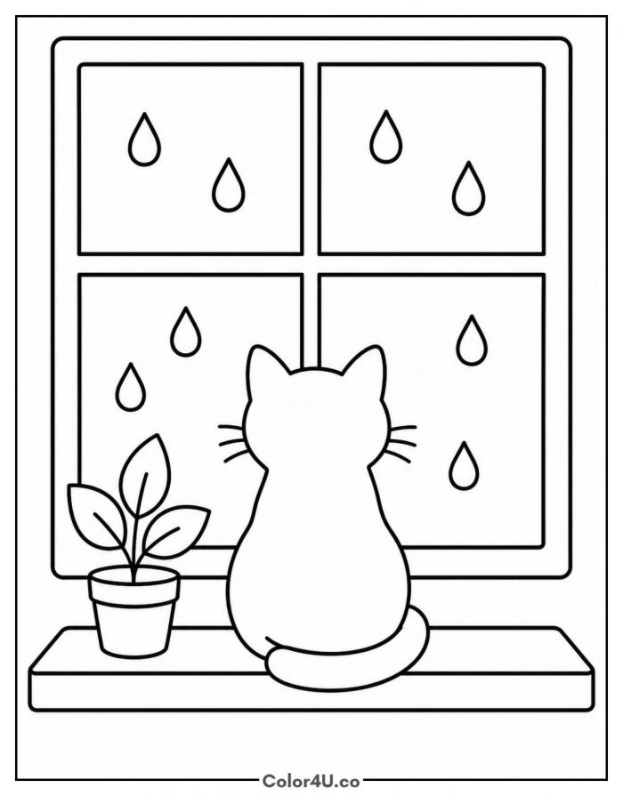 Cat sitting on a windowsill watching rain, easy cat coloring page, free printable