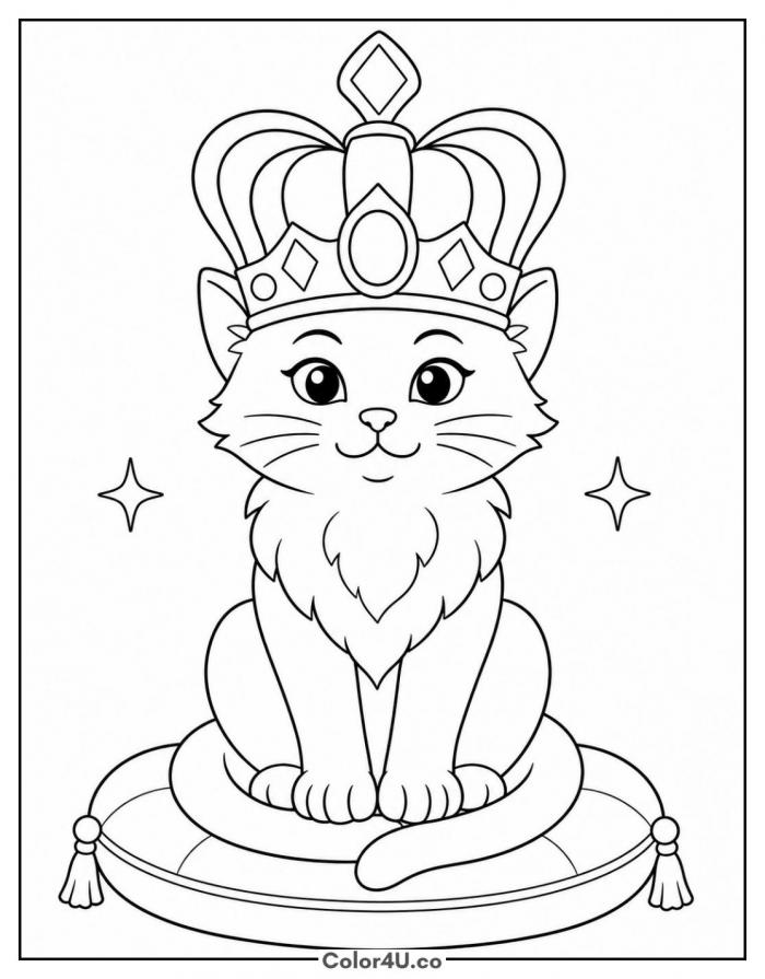 Fluffy cat wearing a jeweled crown on a cushion, medium cat coloring page, free printable