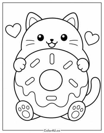 Kawaii Cat With a Donut coloring page