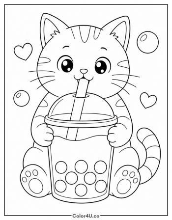 Cat With Bubble Tea coloring page