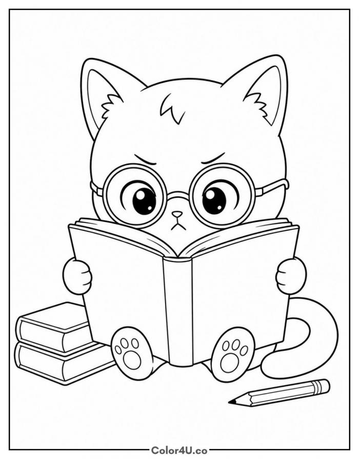 Chibi cat wearing glasses and reading a book, easy cat coloring page, free printable