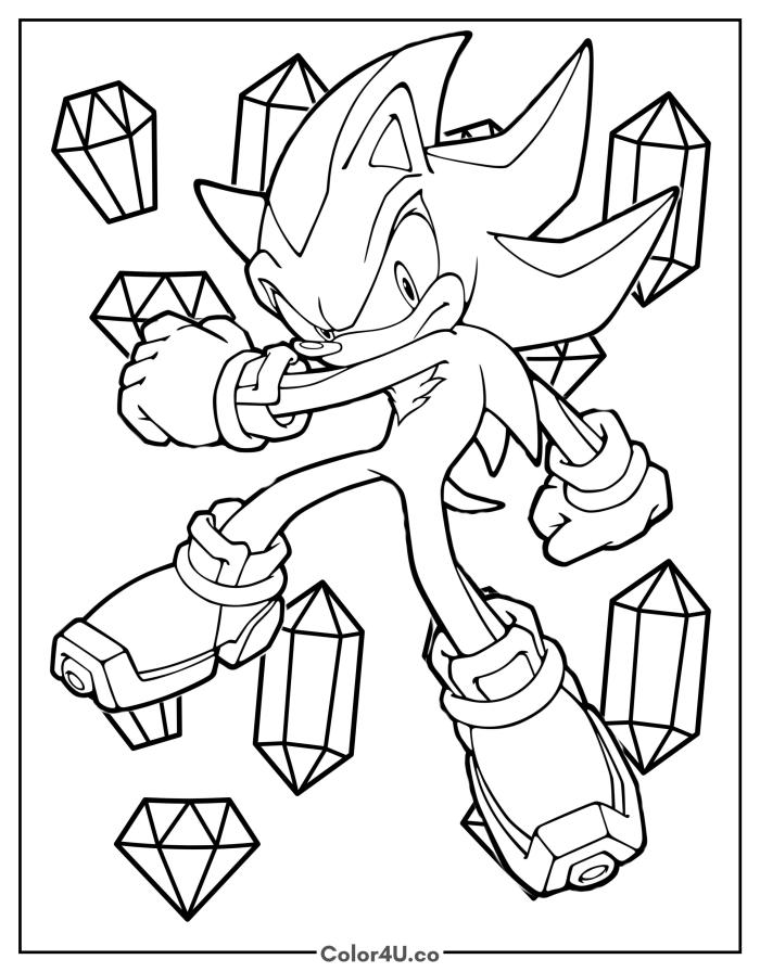 Shadow the Hedgehog with Chaos Emeralds, detailed Sonic the Hedgehog coloring page, free printable