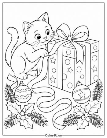 Cat Opening a Christmas Gift coloring page