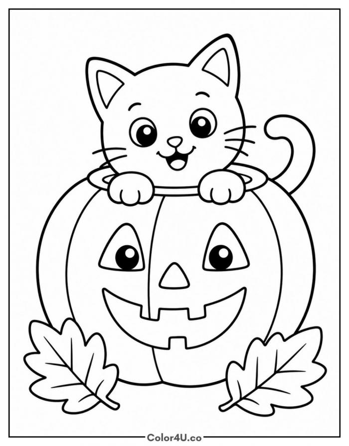 Kitten popping out of a carved pumpkin, easy cat coloring page, free printable