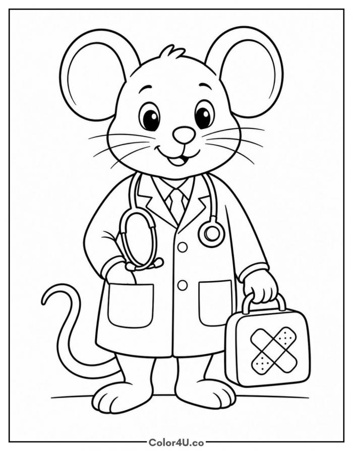 Doctor mouse holding a medical bag, easy coloring page, free printable