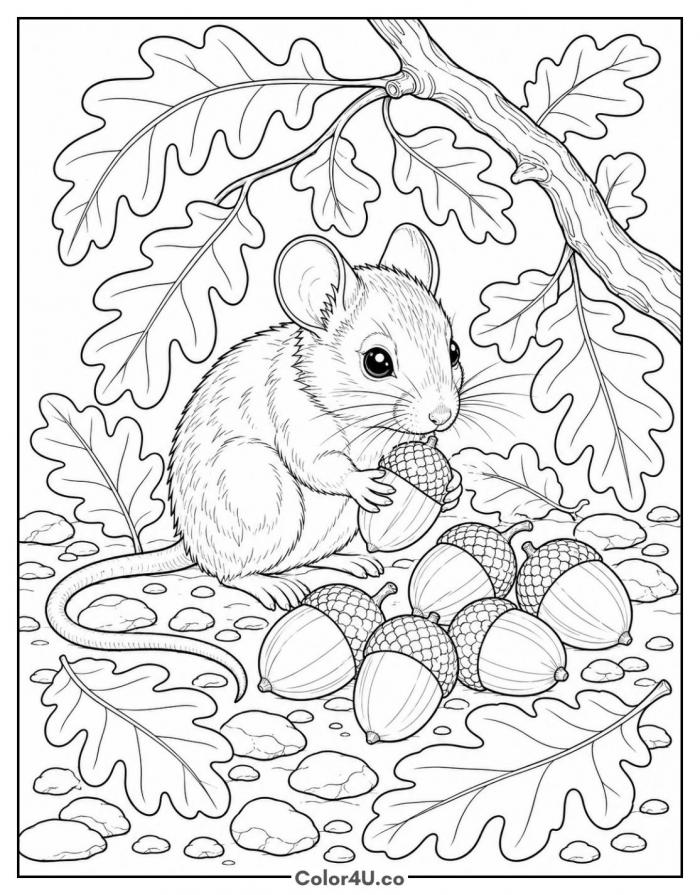 Field mouse holding an acorn under oak leaves, detailed coloring page, free printable