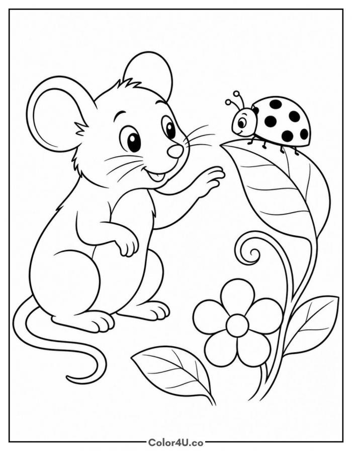Mouse greeting a ladybug on a leaf, easy coloring page, free printable