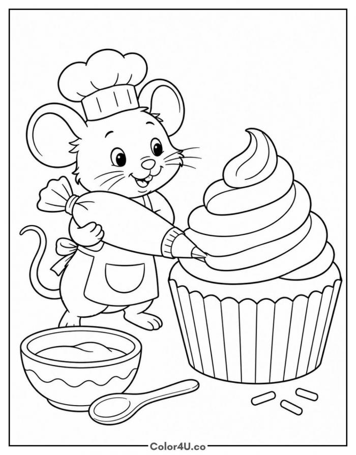 Mouse baker frosting a giant cupcake, medium coloring page, free printable